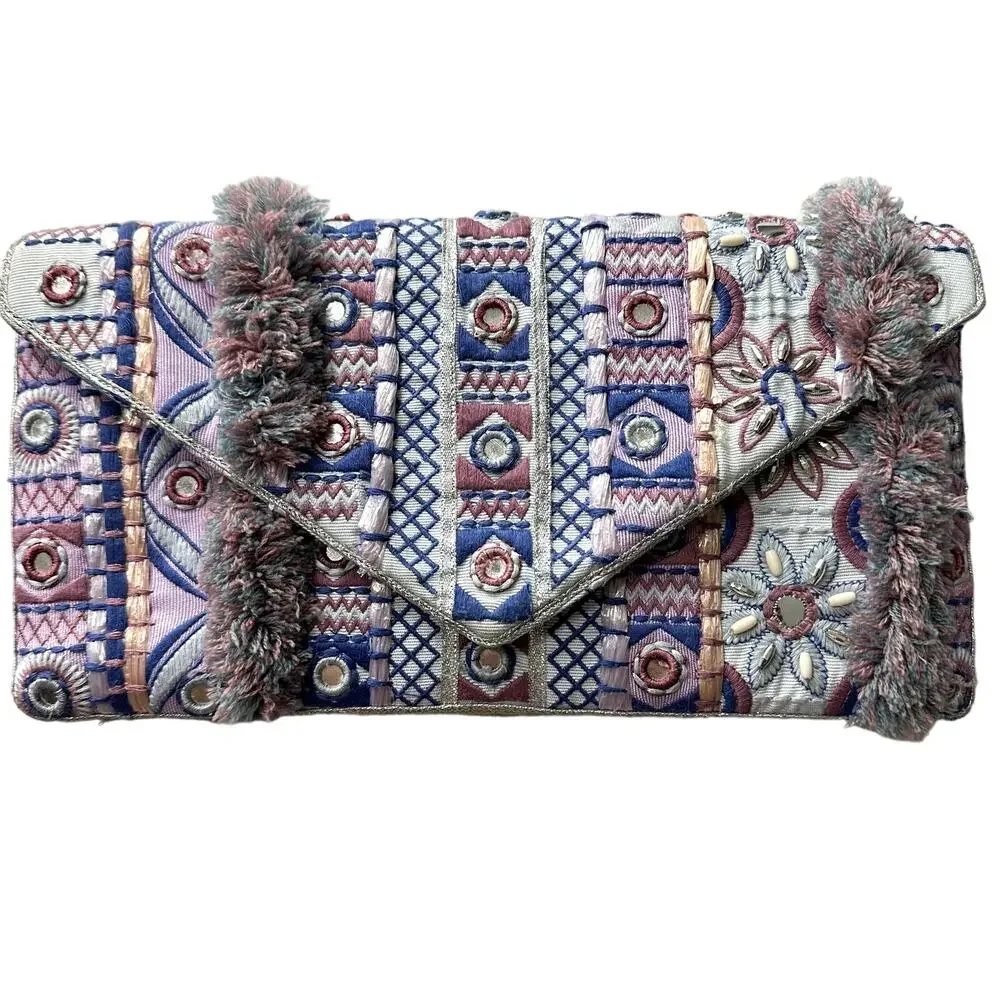 Chico's Boho Fringe Embroidered Purple Blue Multicolor Evening Party Clutch NWT